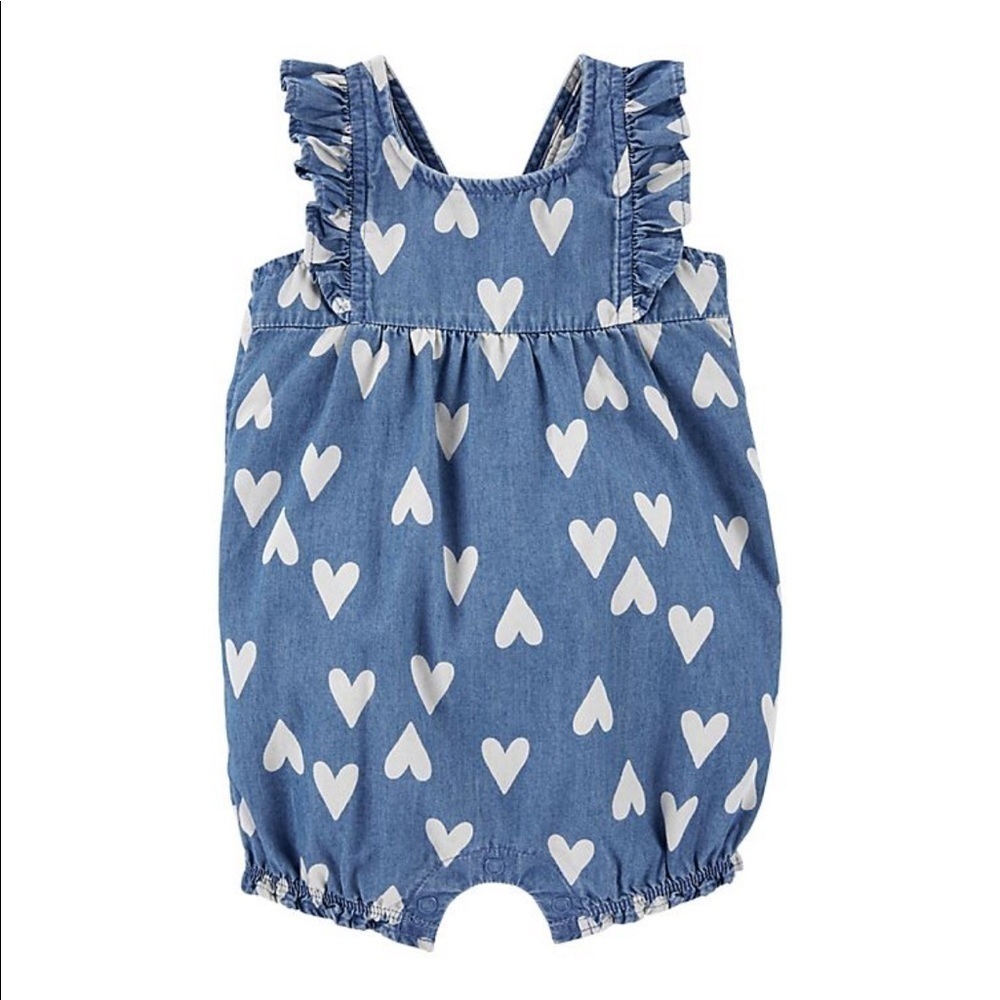 Carter’s White Heart Blue Denim Chambray Print Romper - 12 M